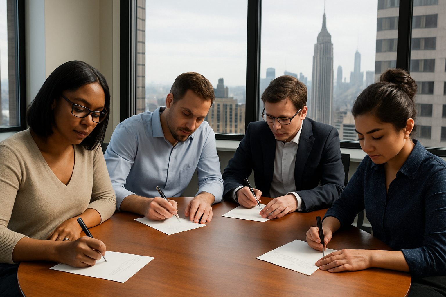 Office workers writing letters